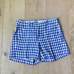 NWOT J Crew SZ 0 Women’s Blue White Gingham Flat Front Linen Shorts
